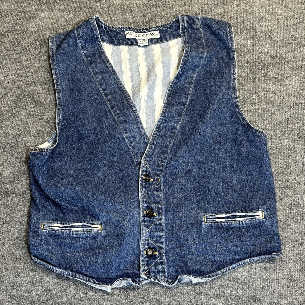 Vintage Bugle Boy Denim Vest Mens XL White Striped 90s Y2K Streetwear Denimwear